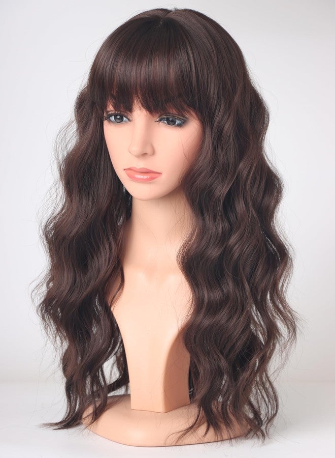 SYMEIW Medium Long Brown Wavy Wigs For Women Synthetic Full Hair Wigs With Bangs For Daily Use (brown) - Image 2